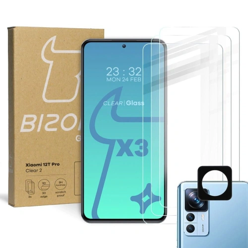 3x Szkło na ekran + szkło na aparat BIZON Clear 2 do Xiaomi 12T Pro
