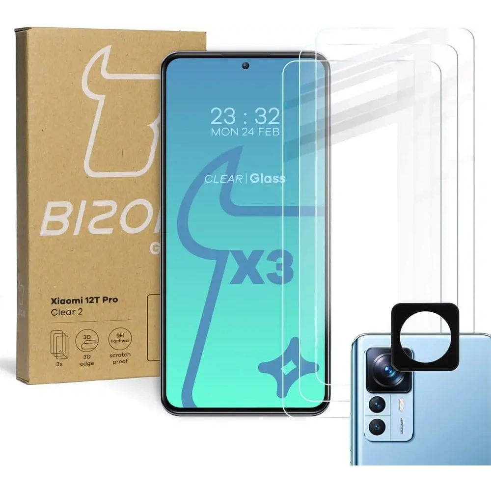 Hurtownia GSM - BIZON Clear 2 3x sticlă de ecran + sticlă pentru cameră Xiaomi 12T Pro - BIZ1939 - {ean13} - Hurt