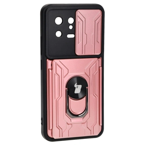 Etui Bizon Case Camshield Card Slot Ring do Xiaomi 13 jasnoróżowe