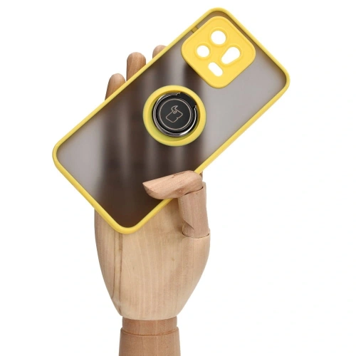 Etui z uchwytem na palec Bizon Case Hybrid Ring do Xiaomi 13 przydymione z żółtą ramką