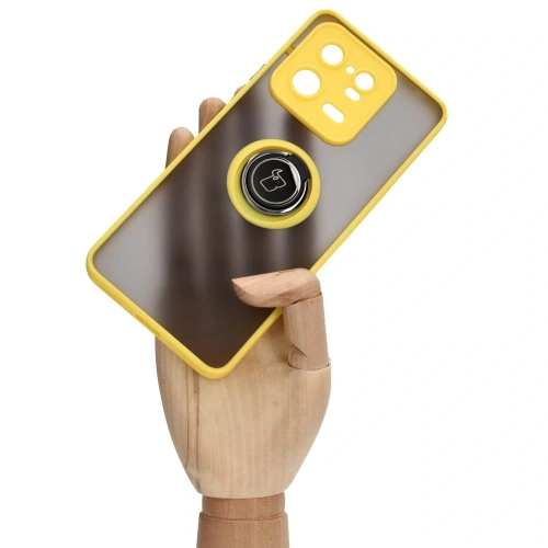 Etui z uchwytem na palec Bizon Case Hybrid Ring do Xiaomi 13 Pro przydymione z żółtą ramką