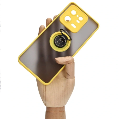 Etui z uchwytem na palec Bizon Case Hybrid Ring do Xiaomi 13 Pro przydymione z żółtą ramką