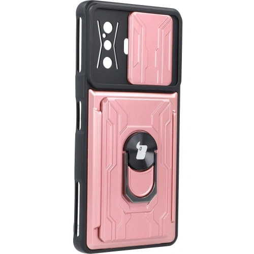 Etui Bizon Case Camshield Card Slot Ring do Xiaomi Poco F4 GT jasnoróżowe