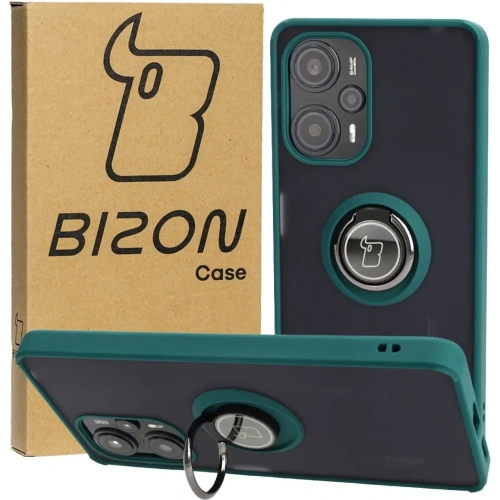 Etui z uchwytem na palec Bizon Case Hybrid Ring do Xiaomi Poco F5 przydymione z ciemnozieloną ramką
