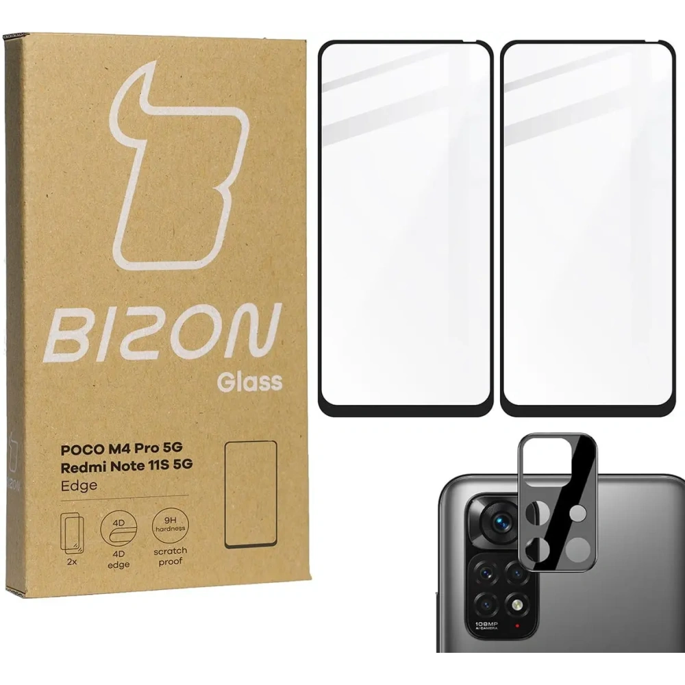 Wholesale Bizon Glass Edge tempered glass - [2 PACK] + lens protection Poco M4 Pro 5G / Redmi Note 11S 5G black - BIZ2126 - {ean13} - Hurt