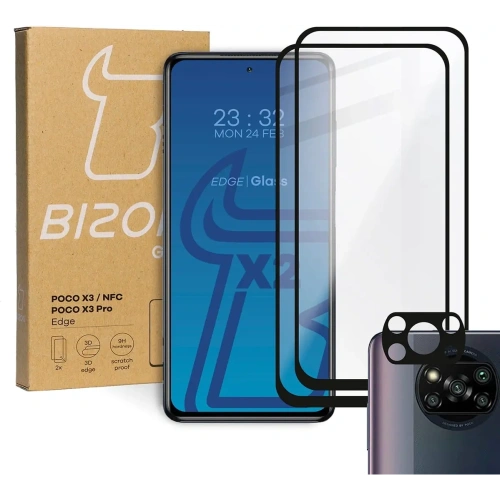 Szkło hartowane Bizon Glass Edge - [2 PACK] + ochrona na obiektyw Xiaomi Poco X3 / NFC / PRO czarne