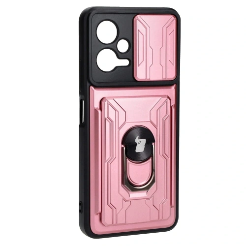 Etui Bizon Case Camshield Card Slot Ring do Xiaomi POCO X5 jasnoróżowe
