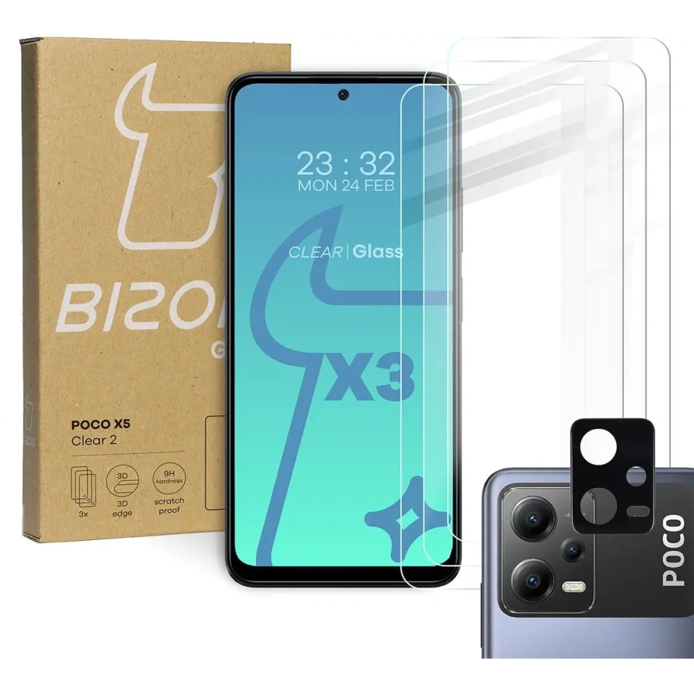 Hurtownia GSM - 3x Szkło na ekran + szkło na aparat BIZON Clear 2 do Poco X5 - BIZ2169 - {ean13} - Hurt