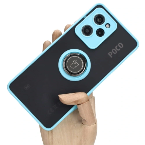 Etui z uchwytem na palec Bizon Case Hybrid Ring do Xiaomi Poco X5 Pro przydymione z jasnoniebieską ramką