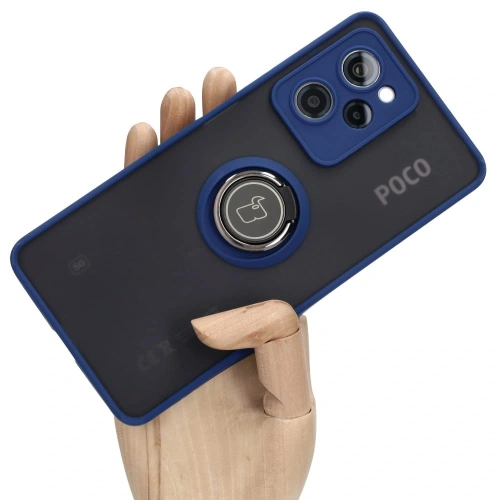 Etui z uchwytem na palec Bizon Case Hybrid Ring do Xiaomi Poco X5 Pro przydymione z granatową ramką