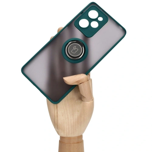 Etui z uchwytem na palec Bizon Case Hybrid Ring do Xiaomi Poco X5 Pro przydymione z ciemnozieloną ramką