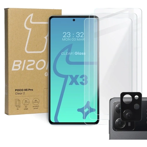 3x Szkło na ekran + szkło na aparat BIZON Clear 2 do Poco X5 Pro