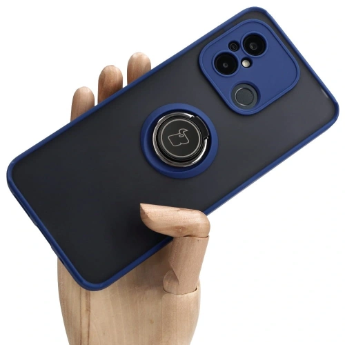 Etui z uchwytem na palec Bizon Case Hybrid Ring do Xiaomi Redmi 12C przydymione z granatową ramką