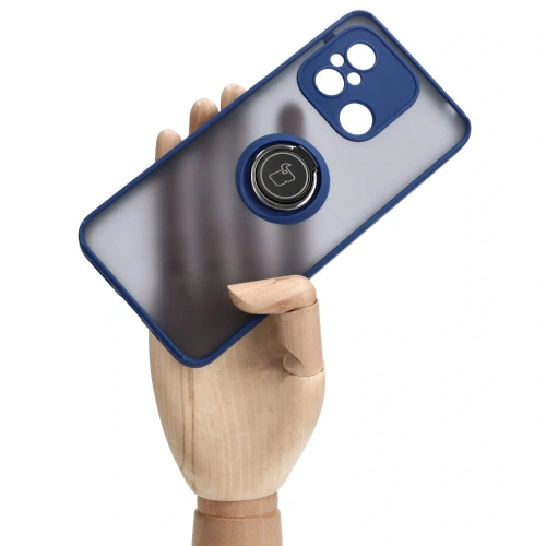 Etui z uchwytem na palec Bizon Case Hybrid Ring do Xiaomi Redmi 12C przydymione z granatową ramką