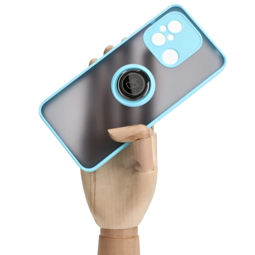 Etui z uchwytem na palec Bizon Case Hybrid Ring do Xiaomi Redmi 12C przydymione z jasnoniebieską ramką