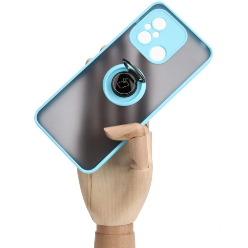 Etui z uchwytem na palec Bizon Case Hybrid Ring do Xiaomi Redmi 12C przydymione z jasnoniebieską ramką