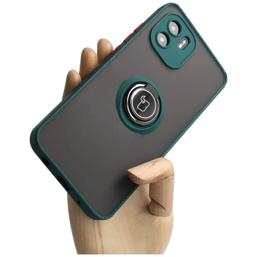 Etui z uchwytem na palec Bizon Case Hybrid Ring do Xiaomi Redmi A1 przydymione z ciemnozieloną ramką