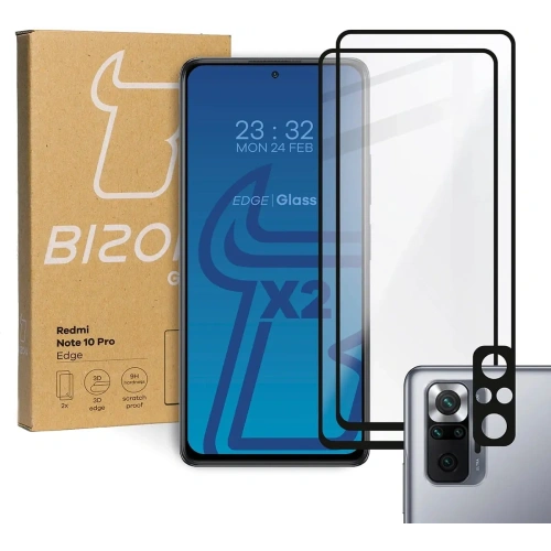 Szkło hartowane Bizon Glass Edge - [2 PACK] + ochrona na obiektyw Redmi Note 10 Pro czarne