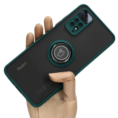 Etui z uchwytem na palec Bizon Case Hybrid Ring do Xiaomi Redmi Note 11 / 11S 4G przydymione z ciemnozieloną ramką