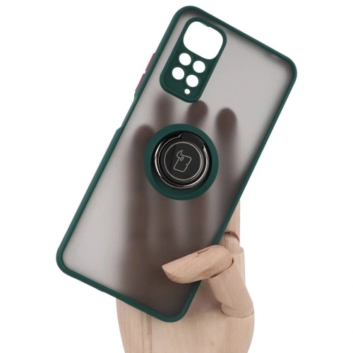 Etui z uchwytem na palec Bizon Case Hybrid Ring do Xiaomi Redmi Note 11 / 11S 4G przydymione z ciemnozieloną ramką