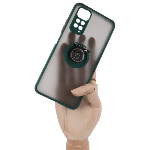 Etui z uchwytem na palec Bizon Case Hybrid Ring do Xiaomi Redmi Note 11 / 11S 4G przydymione z ciemnozieloną ramką
