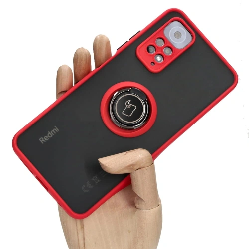 Etui z uchwytem na palec Bizon Case Hybrid Ring do Xiaomi Redmi Note 11 / 11S 4G przydymione z czerwoną ramką