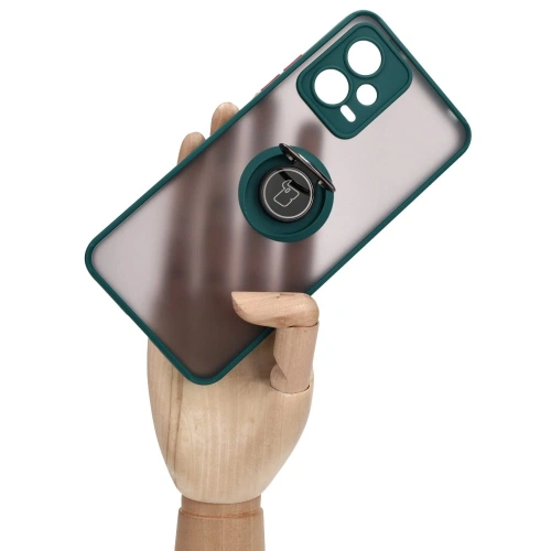 Etui z uchwytem na palec Bizon Case Hybrid Ring do Xiaomi Poco X5 / Redmi Note 12 5G przydymione z ciemnozieloną ramką