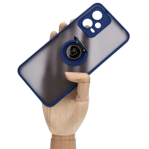 Etui z uchwytem na palec Bizon Case Hybrid Ring do Xiaomi Poco X5 / Redmi Note 12 5G przydymione z granatową ramką