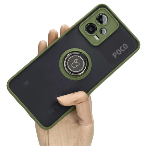 Etui z uchwytem na palec Bizon Case Hybrid Ring do Xiaomi Poco X5 / Redmi Note 12 5G przydymione z zieloną ramką