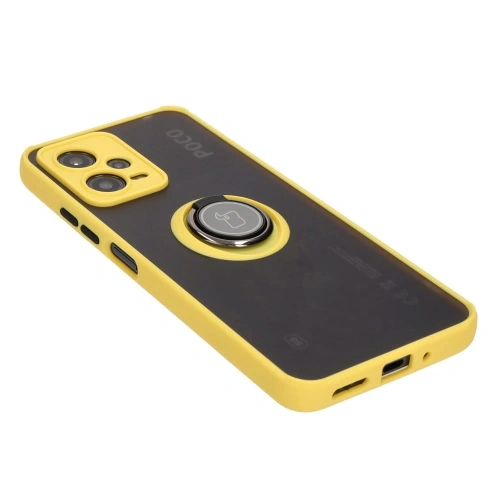 Etui z uchwytem na palec Bizon Case Hybrid Ring do Xiaomi Poco X5 / Redmi Note 12 5G przydymione z żółtą ramką
