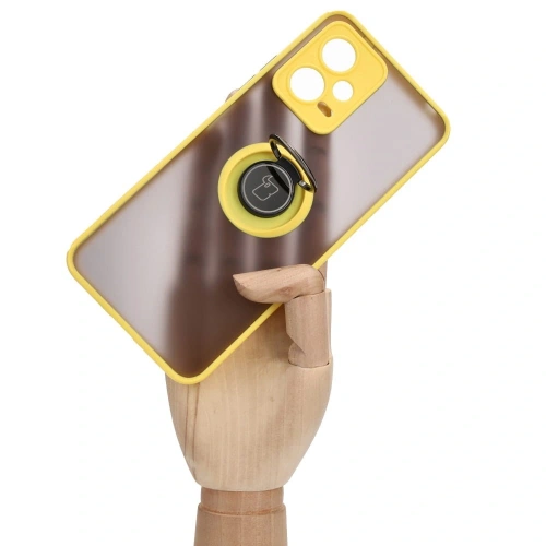 Etui z uchwytem na palec Bizon Case Hybrid Ring do Xiaomi Poco X5 / Redmi Note 12 5G przydymione z żółtą ramką