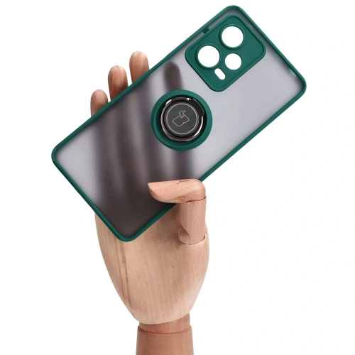Etui z uchwytem na palec Bizon Case Hybrid Ring do Xiaomi Redmi Note 12 Pro 5G przydymione z ciemnozieloną ramką