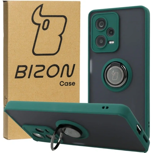 Etui z uchwytem na palec Bizon Case Hybrid Ring do Xiaomi Redmi Note 12 Pro+ 5G przydymione z ciemnozieloną ramką