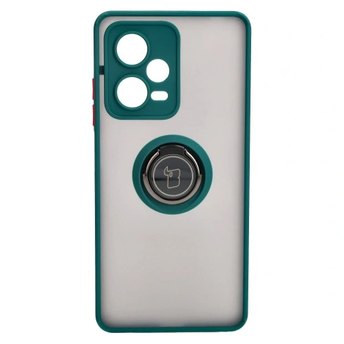 Etui z uchwytem na palec Bizon Case Hybrid Ring do Xiaomi Redmi Note 12 Pro+ 5G przydymione z ciemnozieloną ramką