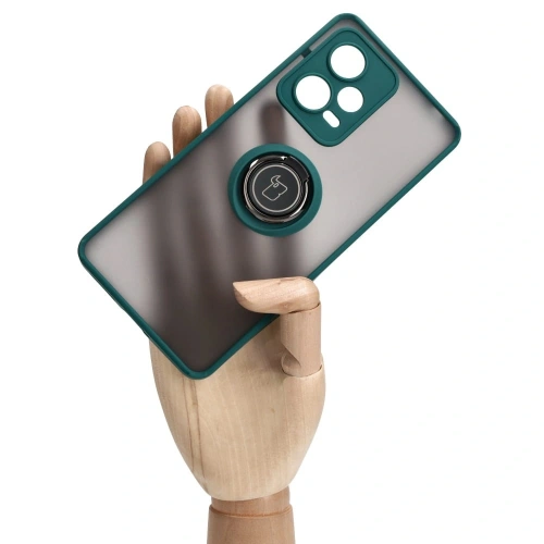 Etui z uchwytem na palec Bizon Case Hybrid Ring do Xiaomi Redmi Note 12 Pro+ 5G przydymione z ciemnozieloną ramką