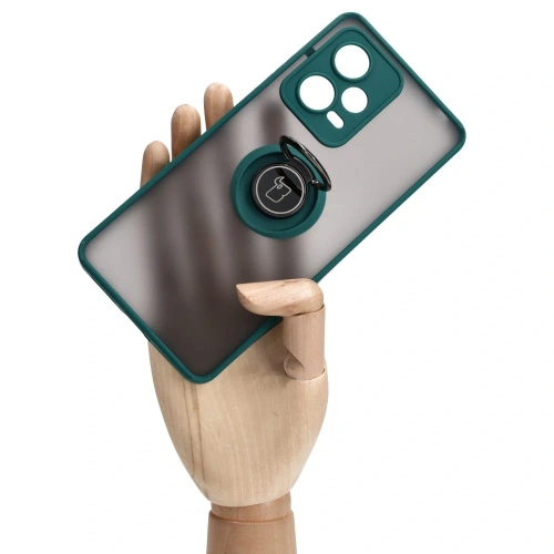 Etui z uchwytem na palec Bizon Case Hybrid Ring do Xiaomi Redmi Note 12 Pro+ 5G przydymione z ciemnozieloną ramką