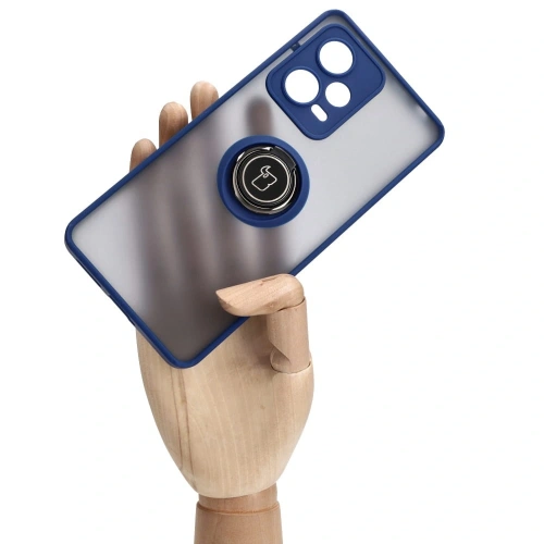 Etui z uchwytem na palec Bizon Case Hybrid Ring do Xiaomi Redmi Note 12 Pro+ 5G przydymione z granatową ramką