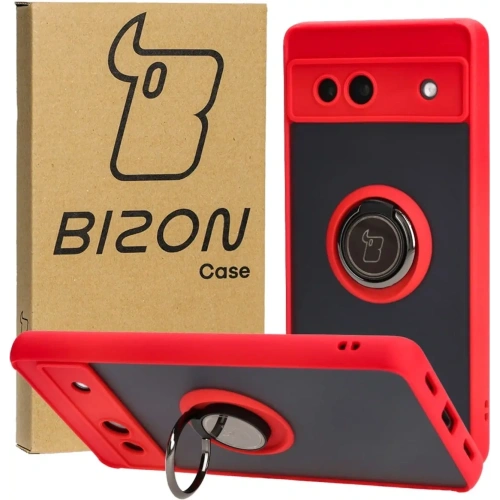 Etui z uchwytem na palec Bizon Case Hybrid Ring do Google Pixel 7A przydymione z czerwoną ramką