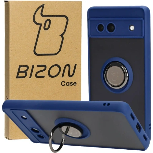 Etui z uchwytem na palec Bizon Case Hybrid Ring do Google Pixel 7A przydymione z granatową ramką