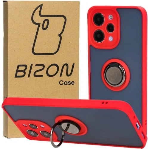 Etui z uchwytem na palec Bizon Case Hybrid Ring do Xiaomi Redmi 12 przydymione z czerwoną ramką