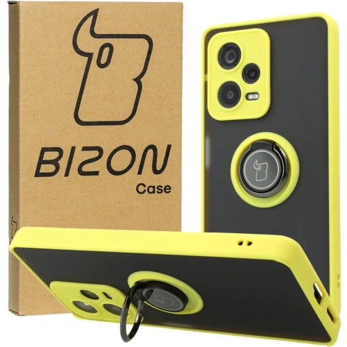 Etui z uchwytem na palec Bizon Case Hybrid Ring do Xiaomi Redmi Note 12 Pro+ 5G przydymione z żółtą ramką
