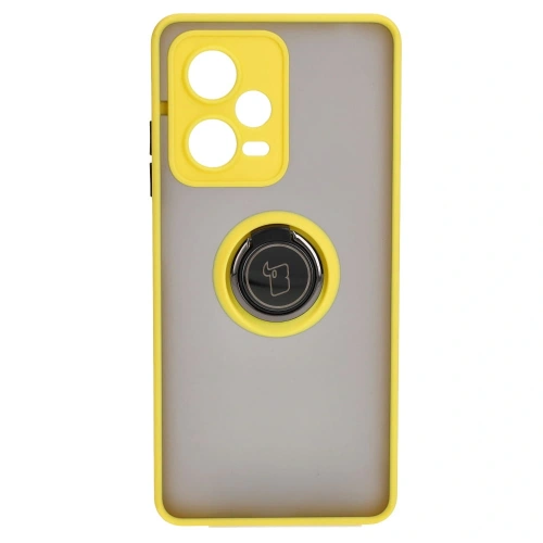 Etui z uchwytem na palec Bizon Case Hybrid Ring do Xiaomi Redmi Note 12 Pro+ 5G przydymione z żółtą ramką
