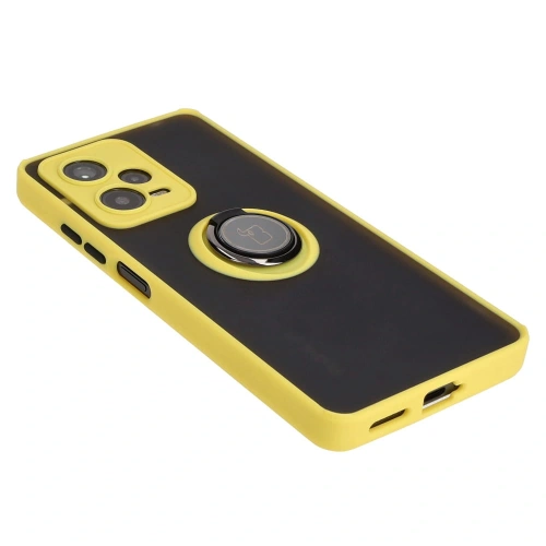 Etui z uchwytem na palec Bizon Case Hybrid Ring do Xiaomi Redmi Note 12 Pro+ 5G przydymione z żółtą ramką
