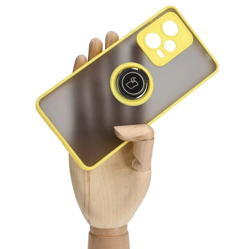 Etui z uchwytem na palec Bizon Case Hybrid Ring do Xiaomi Redmi Note 12 Pro+ 5G przydymione z żółtą ramką