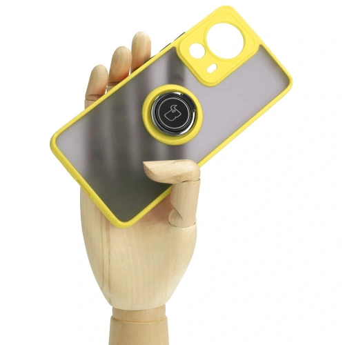 Etui z uchwytem na palec Bizon Case Hybrid Ring do Xiaomi 13 Lite przydymione z żółtą ramką