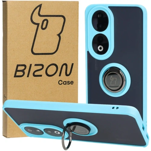 Etui z uchwytem na palec Bizon Case Hybrid Ring do Honor 90 przydymione z jasnoniebieską ramką