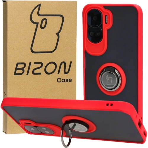 Etui z uchwytem na palec Bizon Case Hybrid Ring do Honor 90 Lite przydymione z czerwoną ramką
