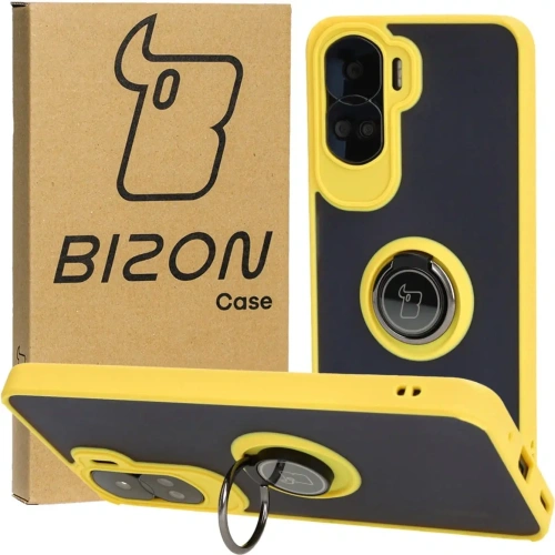 Etui z uchwytem na palec Bizon Case Hybrid Ring do Honor 90 Lite przydymione z żółtą ramką