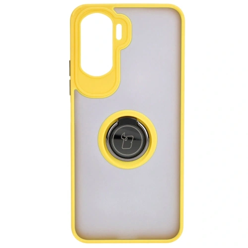 Etui z uchwytem na palec Bizon Case Hybrid Ring do Honor 90 Lite przydymione z żółtą ramką
