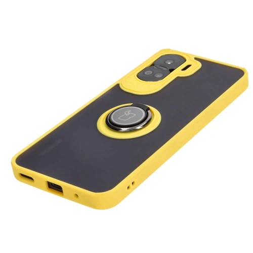 Etui z uchwytem na palec Bizon Case Hybrid Ring do Honor 90 Lite przydymione z żółtą ramką